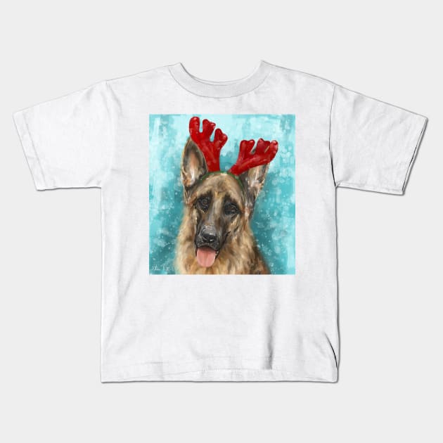 Painting of a German Shepherd With Red Reindeer Antlers Kids T-Shirt by ibadishi